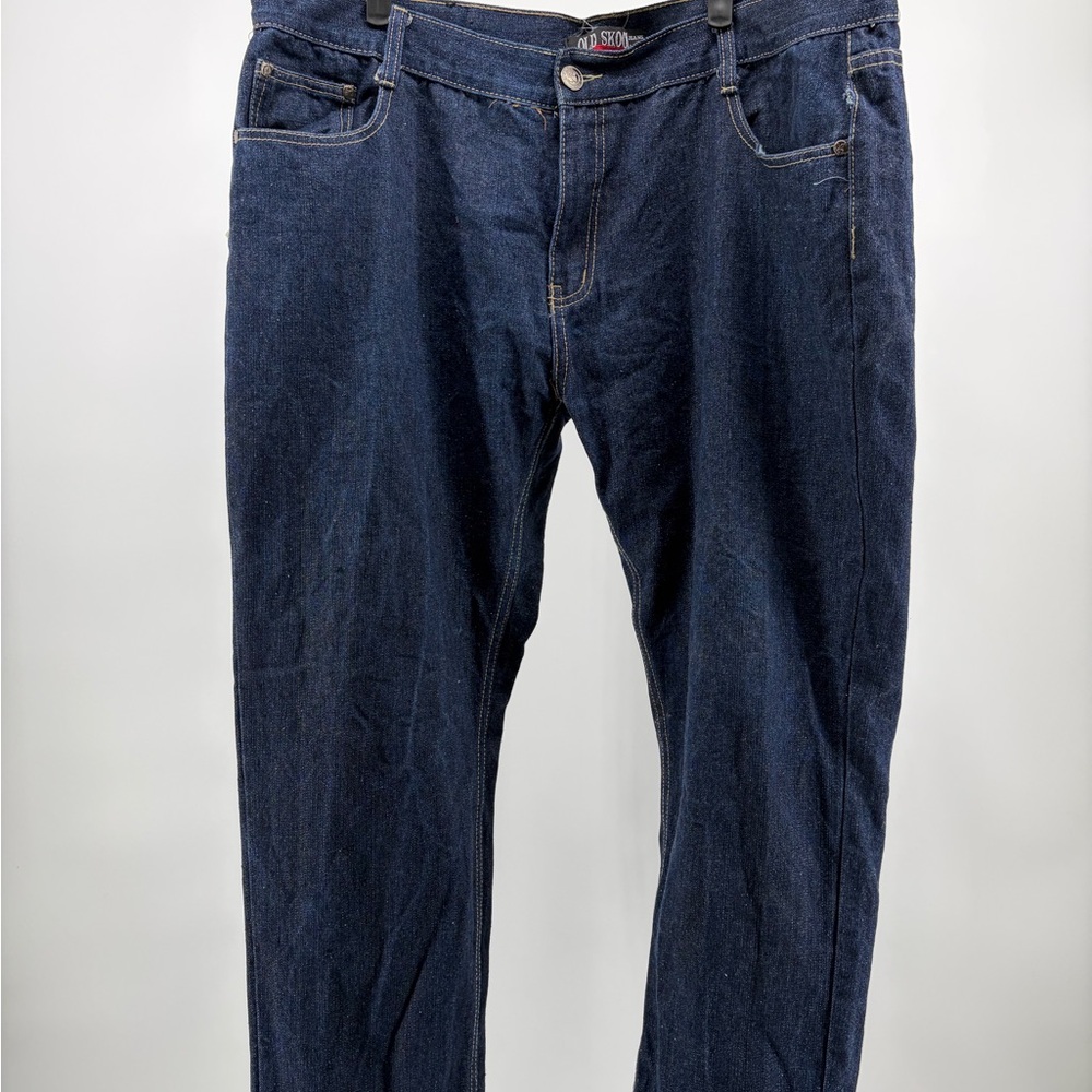 Skool brand jeans, dark wash, wide leg baggy style with embroidered pocket Sz 42